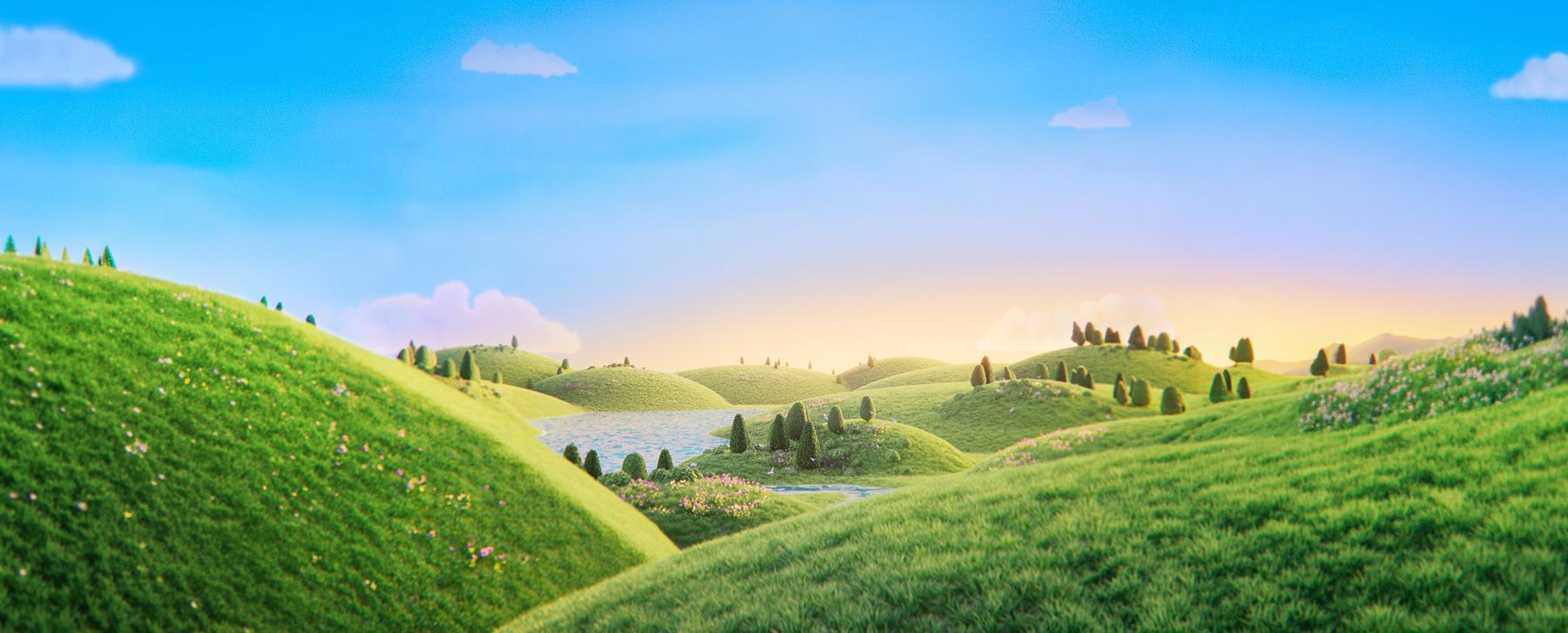 A vibrant green landscape featuring rolling hills and lush trees under a clear blue sky.