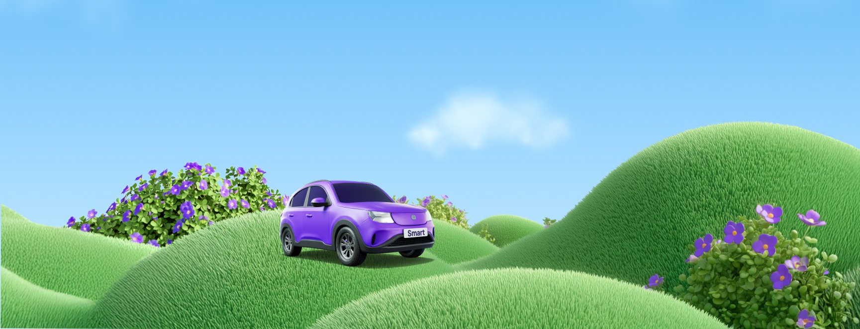 Smart-branded car driving over bright green rolling hills