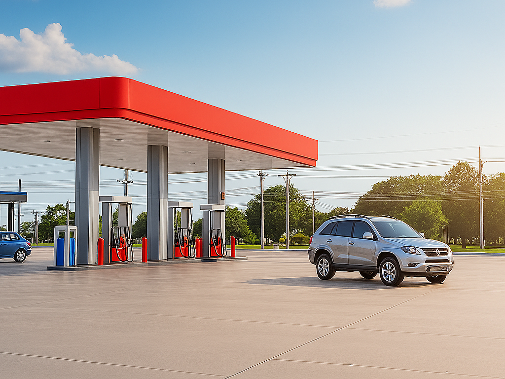 SUV parked near fuel pumps at a service station